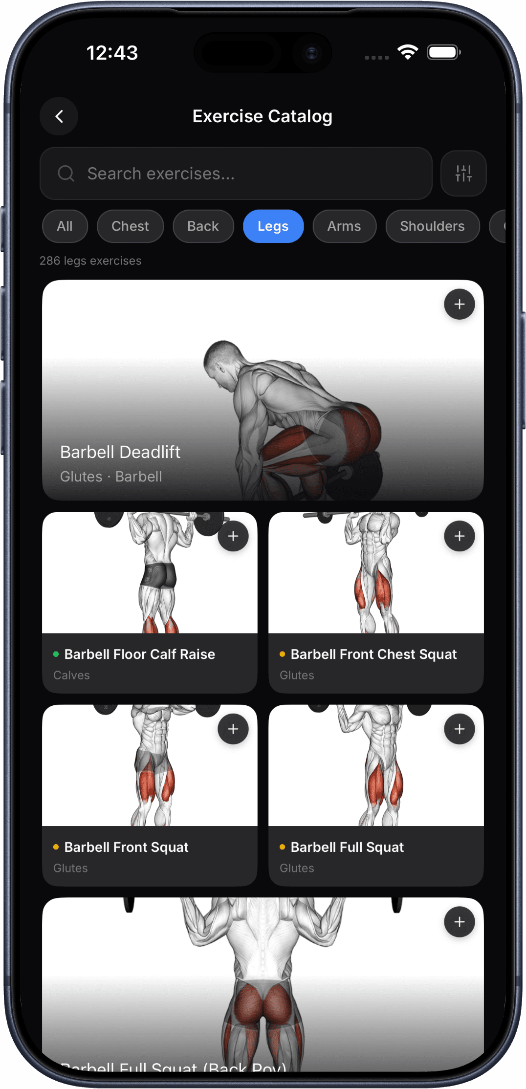 Exercise catalog showing barbell exercises filtered by legs with muscle group illustrations