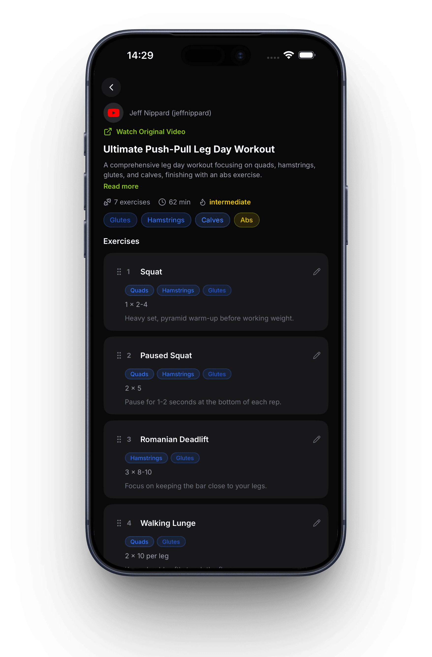 Imported workout detail showing Jeff Nippard video with exercises, sets, and muscle tags