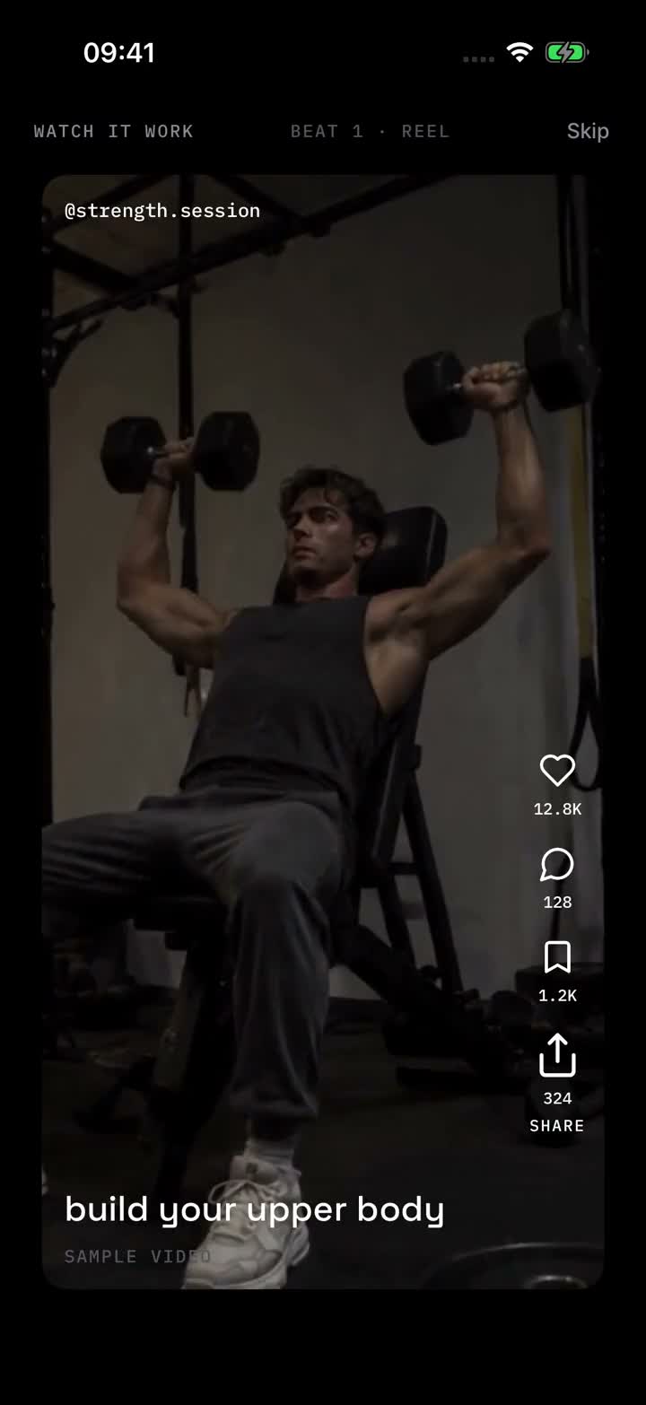 Workout clips with Like, Save and Share controls